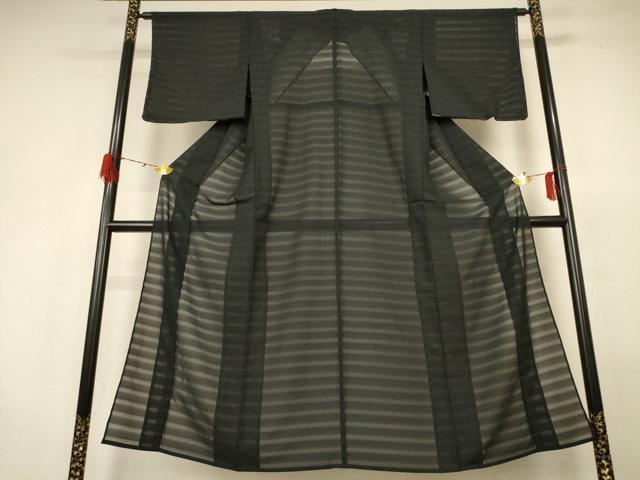 平和屋着物＊夏物 色無地 横段紋紗 黒色 正絹 逸品 AABH2454jd