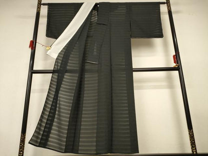 平和屋着物＊夏物 色無地 横段紋紗 黒色 正絹 逸品 AABH2454jd