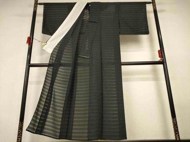 平和屋着物＊夏物 色無地 横段紋紗 黒色 正絹 逸品 AABH2454jd