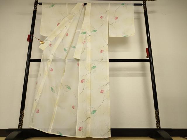 平和屋着物＊夏物 小紋 絽 扇子花文 暈し染め 洗える着物 AABH2498jd