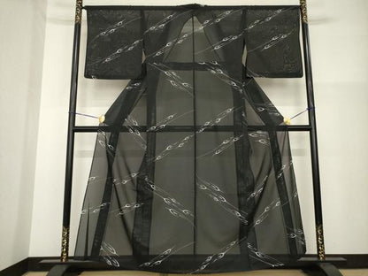 平和屋着物＊夏物 小紋 絽 飛鶴文 黒地 洗える着物 AABH2581ck