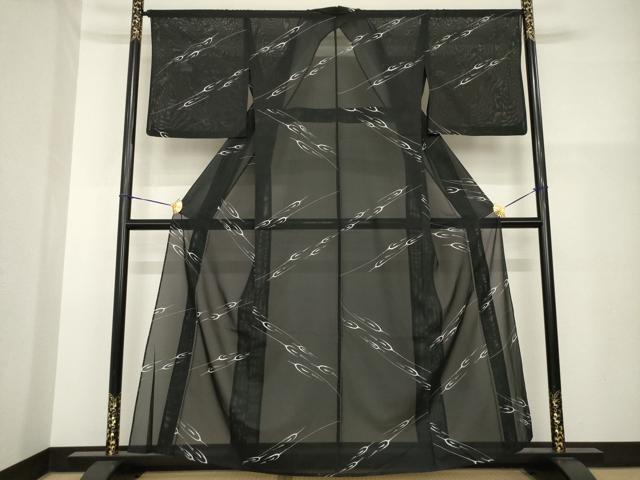 平和屋着物＊夏物 小紋 絽 飛鶴文 黒地 洗える着物 AABH2581ck
