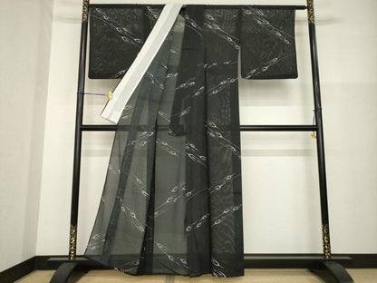 平和屋着物＊夏物 小紋 絽 飛鶴文 黒地 洗える着物 AABH2581ck