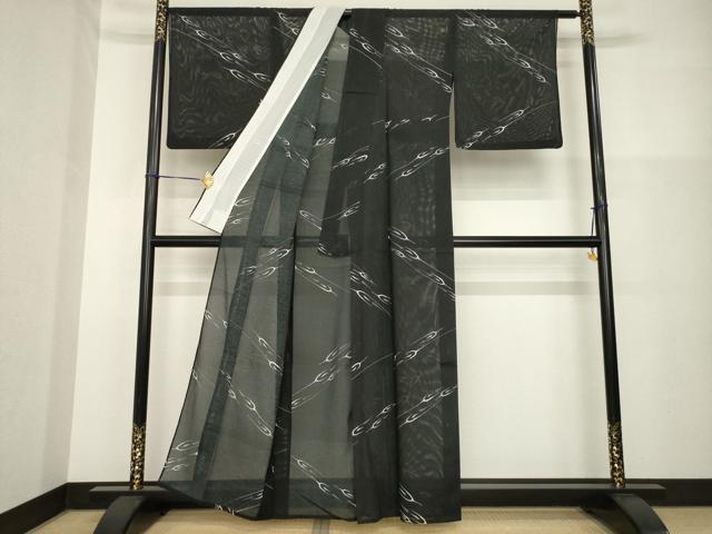 平和屋着物＊夏物 小紋 絽 飛鶴文 黒地 洗える着物 AABH2581ck