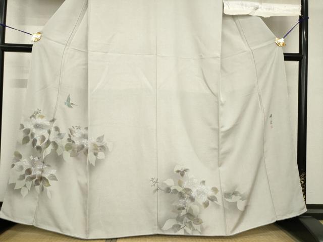 平和屋着物●訪問着　作家物　紬地　浜つむぎ　花鳥文　反端付き　正絹　逸品　AABH2596ck