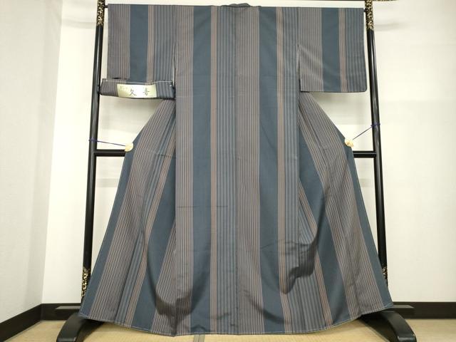 平和屋着物●上質な紬　文音　縞　反端付き　正絹　逸品　AABH2598ck
