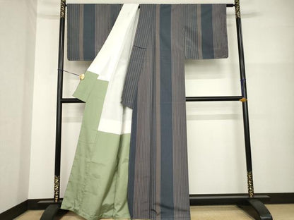 平和屋着物●上質な紬　文音　縞　反端付き　正絹　逸品　AABH2598ck