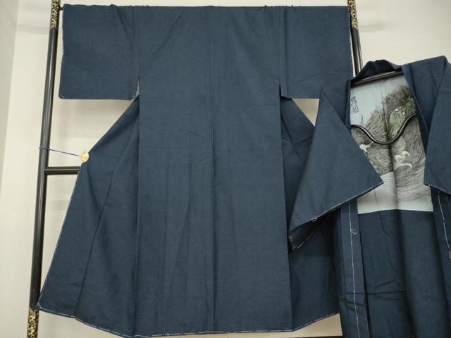 平和屋着物●男性　紬　アンサンブル　色無地　藍鉄色　正絹　逸品　未使用　AABH2601ck
