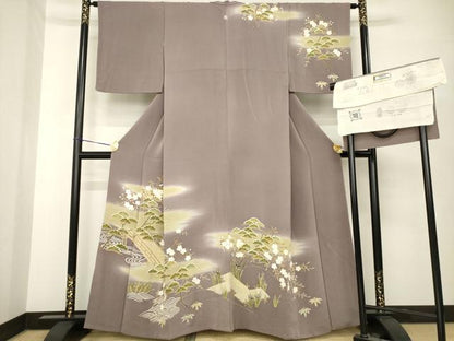平和屋着物●訪問着　友禅　駒刺繍　渡り橋桜松文　金彩　浜ちりめん　反端付き　正絹　逸品　AABH2602ck