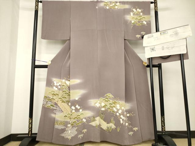 平和屋着物●訪問着　友禅　駒刺繍　渡り橋桜松文　金彩　浜ちりめん　反端付き　正絹　逸品　AABH2602ck