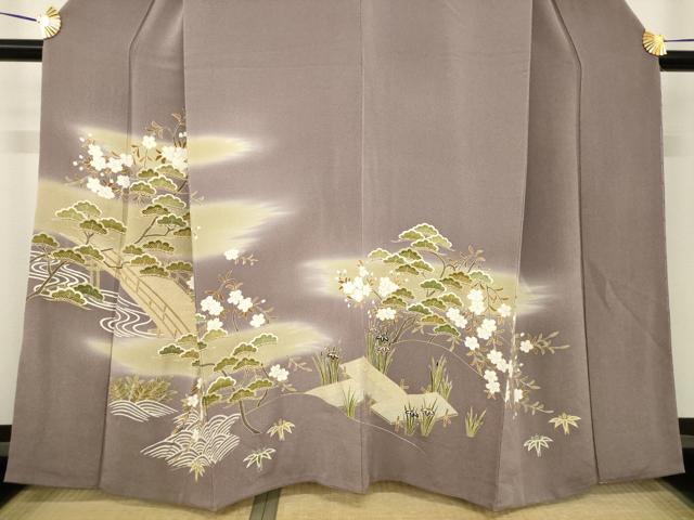 平和屋着物●訪問着　友禅　駒刺繍　渡り橋桜松文　金彩　浜ちりめん　反端付き　正絹　逸品　AABH2602ck
