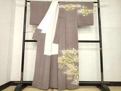 平和屋着物●訪問着　友禅　駒刺繍　渡り橋桜松文　金彩　浜ちりめん　反端付き　正絹　逸品　AABH2602ck
