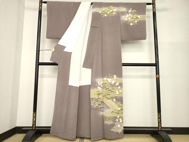 平和屋着物●訪問着　友禅　駒刺繍　渡り橋桜松文　金彩　浜ちりめん　反端付き　正絹　逸品　AABH2602ck