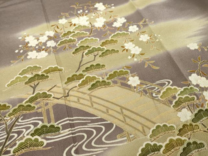 平和屋着物●訪問着　友禅　駒刺繍　渡り橋桜松文　金彩　浜ちりめん　反端付き　正絹　逸品　AABH2602ck