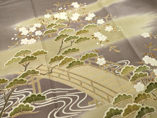 平和屋着物●訪問着　友禅　駒刺繍　渡り橋桜松文　金彩　浜ちりめん　反端付き　正絹　逸品　AABH2602ck