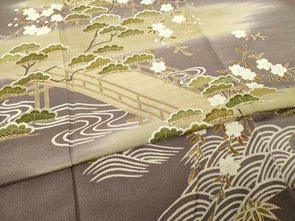平和屋着物●訪問着　友禅　駒刺繍　渡り橋桜松文　金彩　浜ちりめん　反端付き　正絹　逸品　AABH2602ck