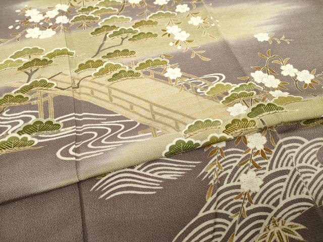 平和屋着物●訪問着　友禅　駒刺繍　渡り橋桜松文　金彩　浜ちりめん　反端付き　正絹　逸品　AABH2602ck