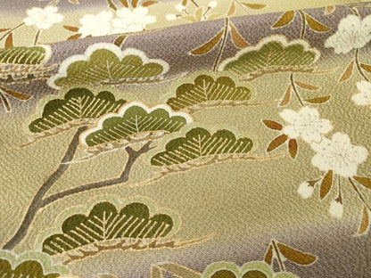 平和屋着物●訪問着　友禅　駒刺繍　渡り橋桜松文　金彩　浜ちりめん　反端付き　正絹　逸品　AABH2602ck