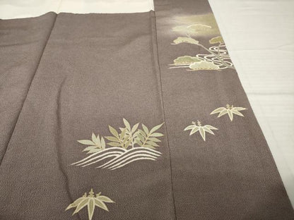 平和屋着物●訪問着　友禅　駒刺繍　渡り橋桜松文　金彩　浜ちりめん　反端付き　正絹　逸品　AABH2602ck