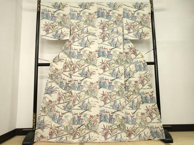 平和屋着物●上質な小紋　型染め　草花文　ロング丈　正絹　逸品　未使用　AABH2607ck