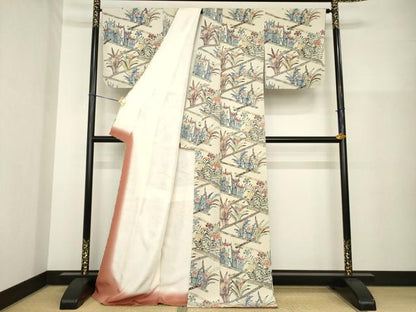 平和屋着物●上質な小紋　型染め　草花文　ロング丈　正絹　逸品　未使用　AABH2607ck