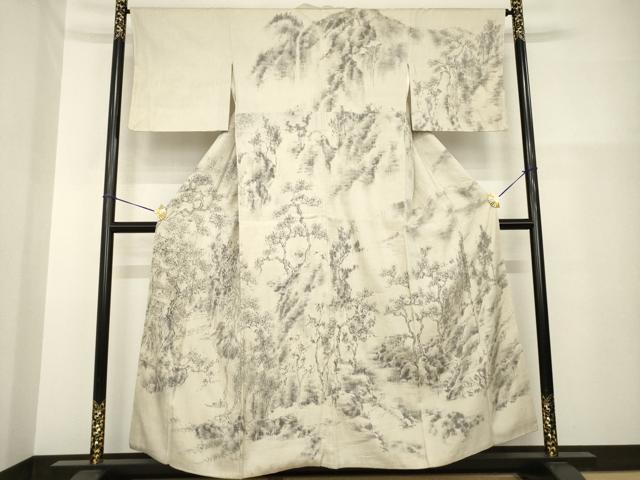 平和屋着物●訪問着　結城紬　手描き　風景文　正絹　逸品　AABH2623ck