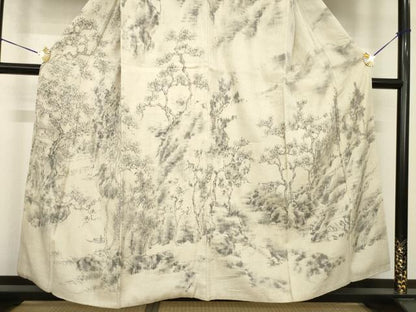 平和屋着物●訪問着　結城紬　手描き　風景文　正絹　逸品　AABH2623ck