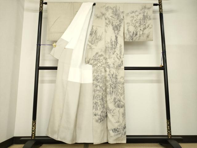 平和屋着物●訪問着　結城紬　手描き　風景文　正絹　逸品　AABH2623ck