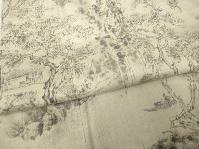 平和屋着物●訪問着　結城紬　手描き　風景文　正絹　逸品　AABH2623ck