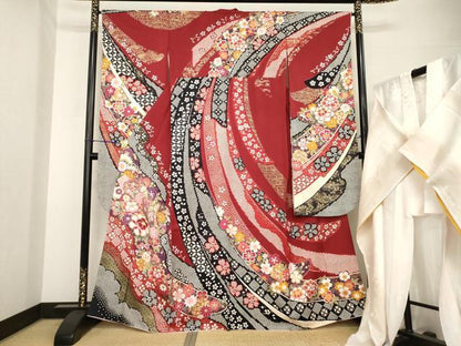 平和屋着物●豪華振袖・長襦袢(無双仕立て)セット　刺繍　御所車花文　金彩　正絹　逸品　AABH2625ck