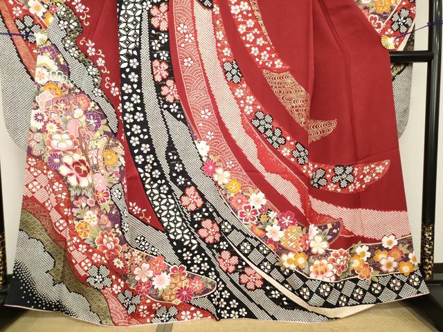 平和屋着物●豪華振袖・長襦袢(無双仕立て)セット　刺繍　御所車花文　金彩　正絹　逸品　AABH2625ck