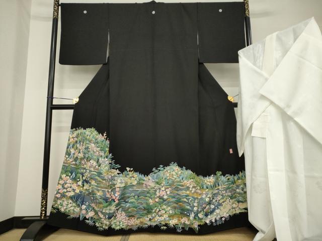 平和屋着物●豪華黒留袖　長襦袢(無双仕立て)セット　作家物　遠山風景文　正絹　逸品　AABH2632ck