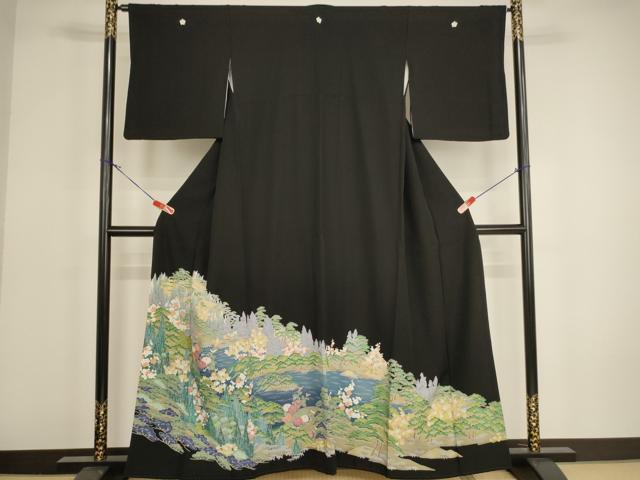 平和屋着物■豪華黒留袖 友禅 風景花文 正絹 逸品 AABH2665ja