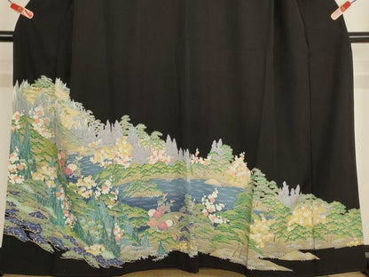 平和屋着物■豪華黒留袖 友禅 風景花文 正絹 逸品 AABH2665ja