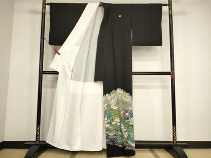 平和屋着物■豪華黒留袖 友禅 風景花文 正絹 逸品 AABH2665ja