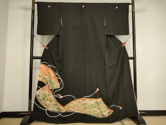 平和屋着物■豪華黒留袖 駒刺繍 孔雀花絵巻文 金彩 正絹 逸品 AABH2667ja