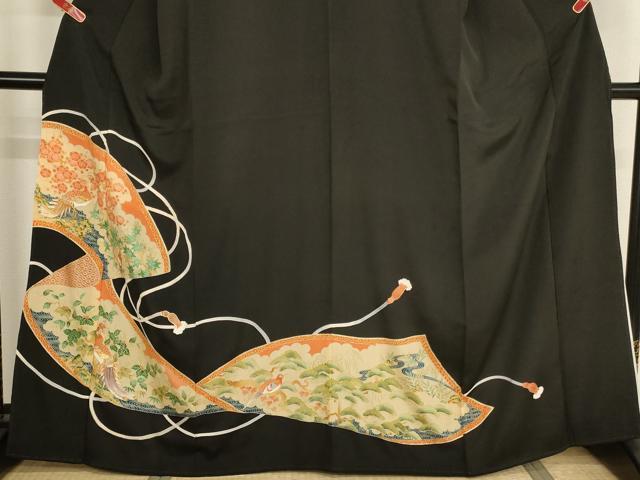 平和屋着物■豪華黒留袖 駒刺繍 孔雀花絵巻文 金彩 正絹 逸品 AABH2667ja