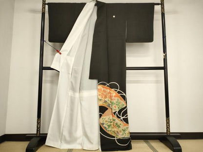 平和屋着物■豪華黒留袖 駒刺繍 孔雀花絵巻文 金彩 正絹 逸品 AABH2667ja