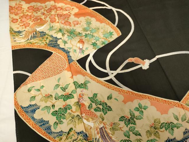 平和屋着物■豪華黒留袖 駒刺繍 孔雀花絵巻文 金彩 正絹 逸品 AABH2667ja