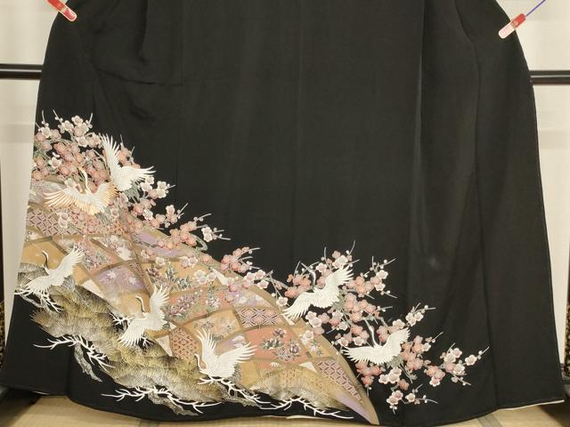 平和屋着物■豪華黒留袖 駒刺繍 飛鶴花文 松 梅 金銀彩 正絹 逸品 AABH2669ja