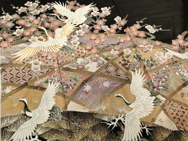 平和屋着物■豪華黒留袖 駒刺繍 飛鶴花文 松 梅 金銀彩 正絹 逸品 AABH2669ja