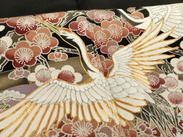 平和屋着物■豪華黒留袖 駒刺繍 飛鶴花文 松 梅 金銀彩 正絹 逸品 AABH2669ja
