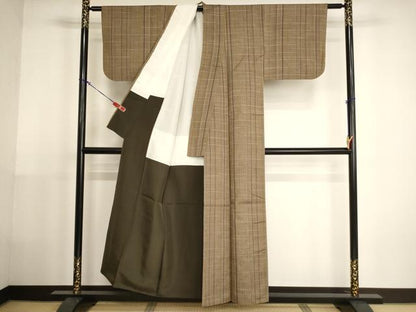 平和屋着物■上質な紬 格子 正絹 逸品 AABH2708ja