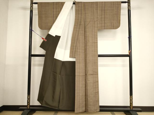 平和屋着物■上質な紬 格子 正絹 逸品 AABH2708ja