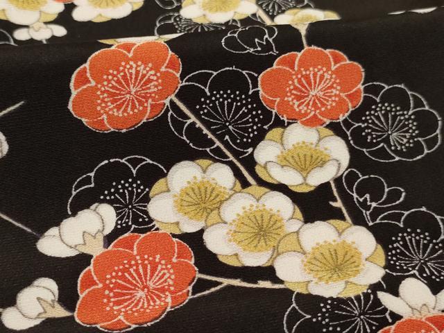 平和屋着物■小紋 枝梅文 黒地 洗える着物 AABH2721ja