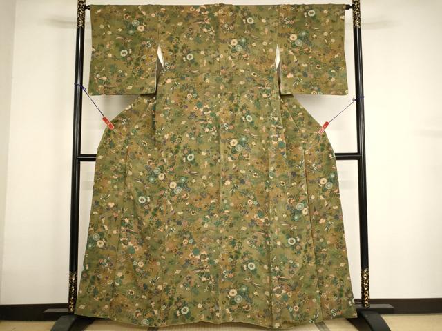平和屋着物■上質な小紋 尾長鳥花文 鬼しぼ縮緬 やまと誂製 正絹 逸品 AABH2756ja