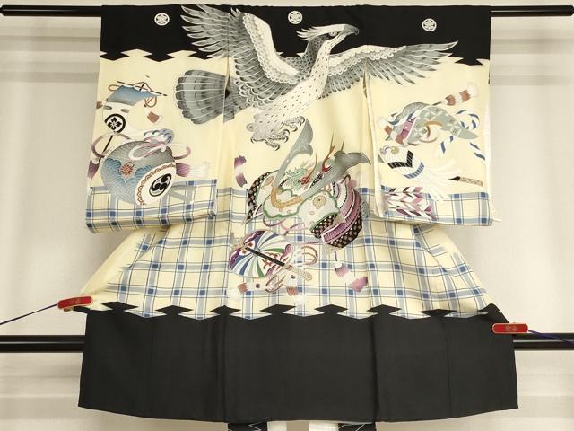 平和屋着物[]お宮参り　男の子　祝着　産着　初着　のしめ　駒刺繍　鷹　武具　銀彩　逸品　AABH2794ja