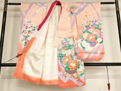 平和屋着物[]七五三　女の子　３歳　祝着　三つ身　駒刺繍　花籠文　暈し染め　正絹　逸品　AABH2795ja