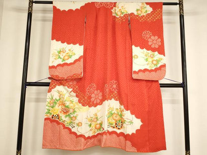 平和屋着物[]七五三　女の子　７歳　祝着　四つ身　駒刺繍　絞り　花車文　金彩　正絹　逸品　AABH2796ja