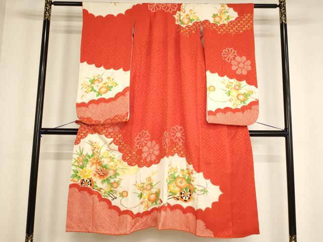 平和屋着物[]七五三　女の子　７歳　祝着　四つ身　駒刺繍　絞り　花車文　金彩　正絹　逸品　AABH2796ja